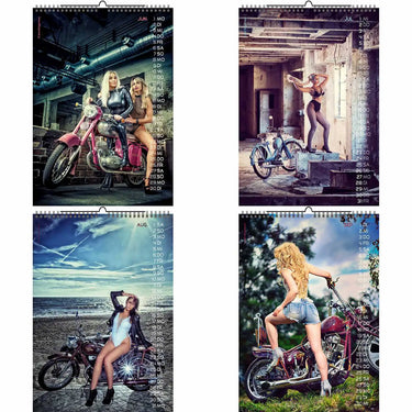four photos of a woman sitting on a motorcycle in a garage artistic nude wall calendar 2026